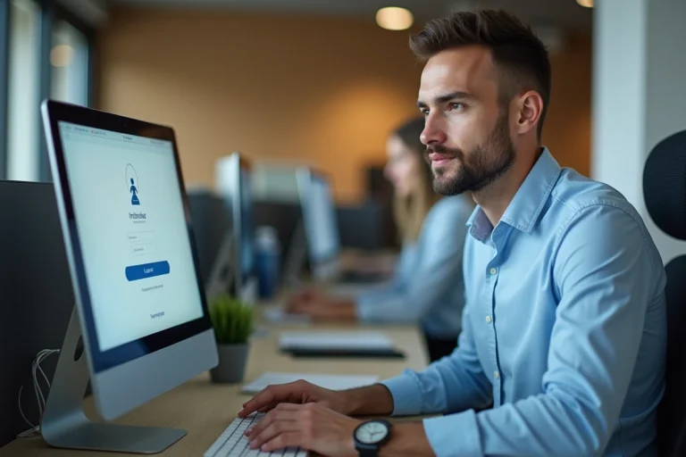 Employé de bureau accédant à l'extranet La Poste depuis un poste de travail interne dans un open space d'entreprise