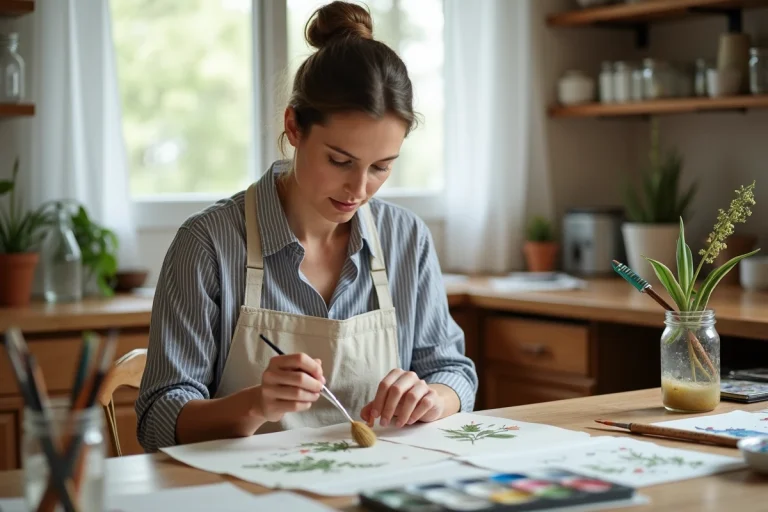 Femme adulte pratiquant l'aquarelle sur une table en bois couverte de pinceaux et de peintures lors d'une activité créative à la maison