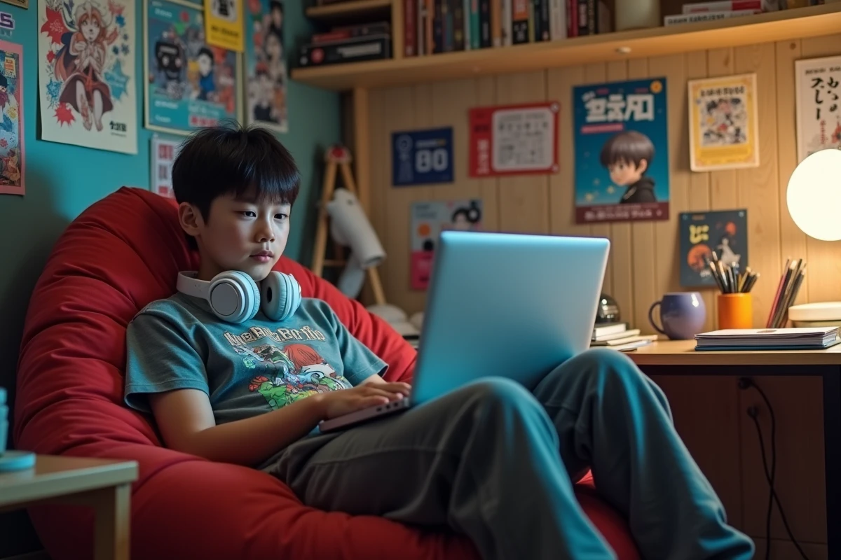 Adolescent lisant manga dans sa chambre avec posters