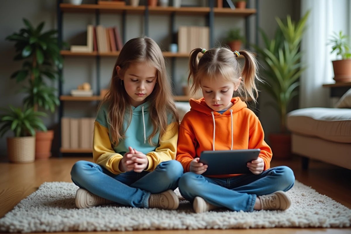 Adolescentes lisant une tablette dans un salon chaleureux