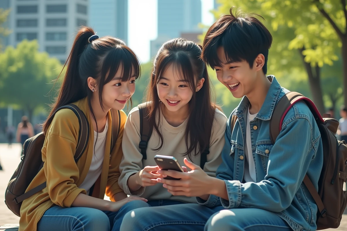 Trois adolescents regardant un smartphone dans un parc urbain