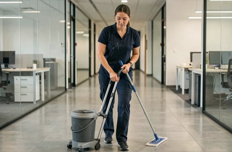 Agent d'entretien femme nettoyant un couloir de bureau moderne avec une serpillière professionnelle