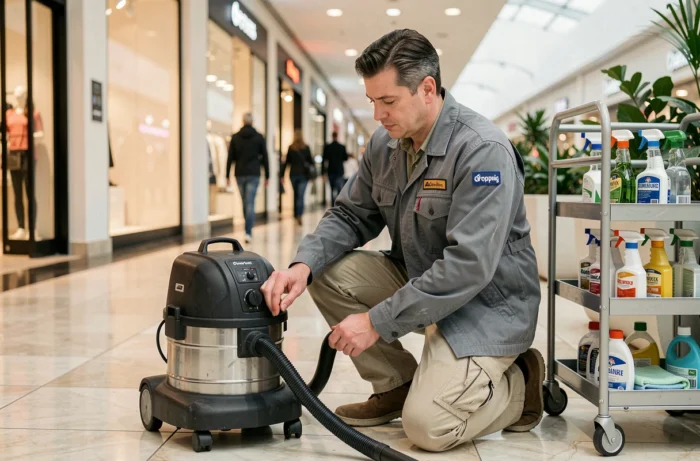 Agent d'entretien homme vérifiant un aspirateur professionnel dans un centre commercial