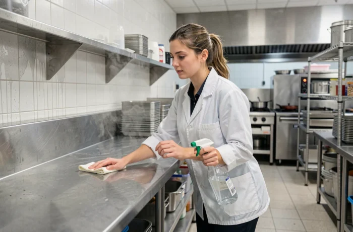 Agente d'entretien nettoyant une surface en inox dans une cuisine professionnelle institutionnelle