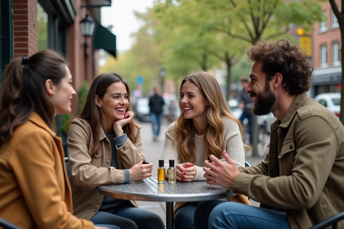 Groupe d amis partageant des parfums en terrasse de café