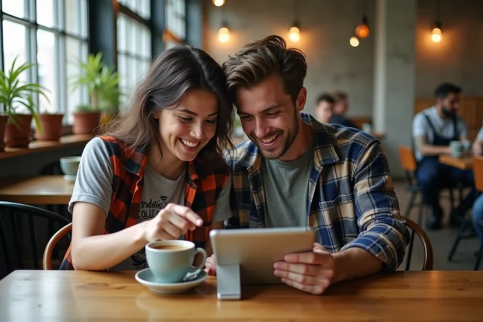 Deux amis passionnés de culture geek découvrant ensemble des ressources web lifestyle sur une tablette dans un café urbain