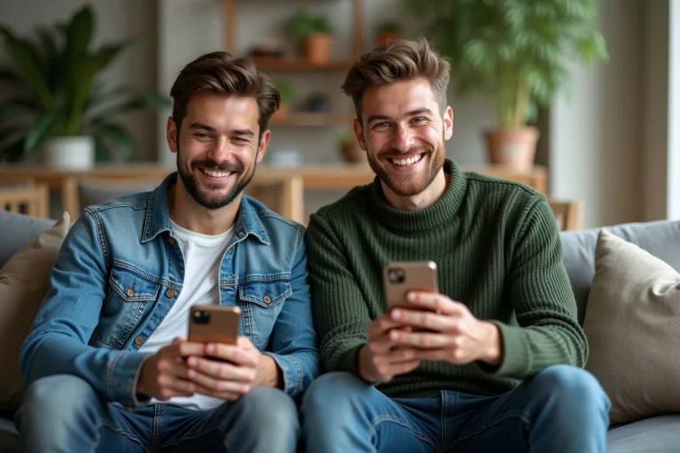 Deux amis souriants avec smartphones dans un salon cosy
