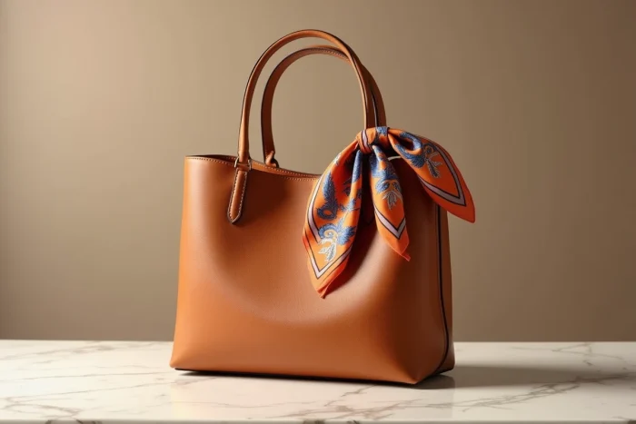 Foulard gavroche Hermès noué en papillon sur l'anse d'un sac à main en cuir tan