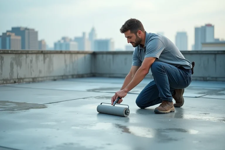 Technicien appliquant une membrane d'étanchéité sur une terrasse en béton avec un rouleau, vue en plongée légère sur fond de paysage urbain