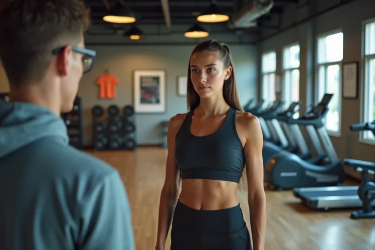 Jeune femme concentrée avec coach dans salle de sport