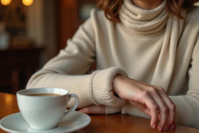 Gros plan d'un foulard gavroche Hermès attaché en double tour autour du poignet d'une femme dans un café