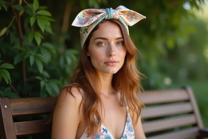 Femme portant un foulard gavroche Hermès en bandeau de tête noué sous la nuque, dans un jardin verdoyant