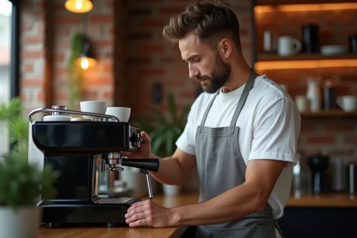 Barista ajustant les réglages d'une machine à café automatique Krups à grains dans un café artisanal
