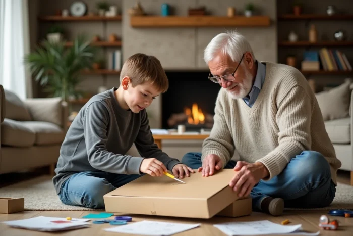 Grand-père et petit-fils assemblant ensemble un projet de bricolage en carton sur le sol du salon lors d'une activité créative familiale