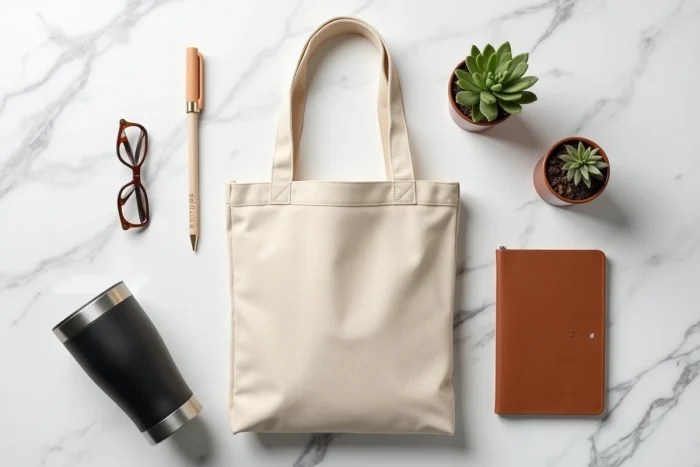 Assortiment de cadeaux d'entreprise personnalisés disposés en flat lay sur marbre blanc, comprenant un tote bag, une gourde, un carnet en cuir et une plante succulente