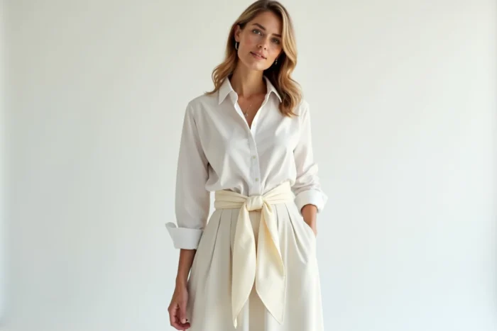Femme portant un foulard gavroche Hermès noué en ceinture sur une taille haute, en jupe midi blanche
