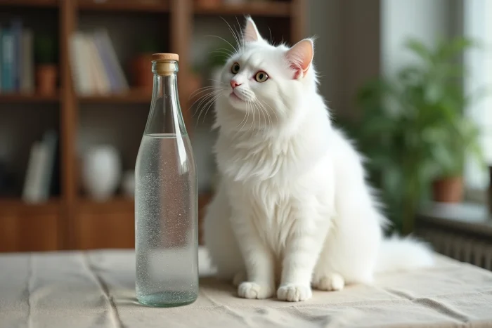 Chat blanc à poil long assis près d'une bouteille d'eau minérale sur une table, evoquant le choix de l'eau adaptée aux chats