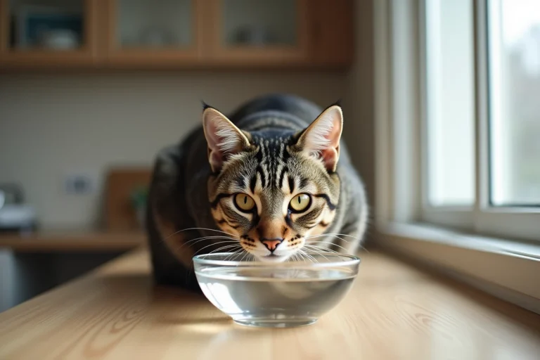 Chat tigré adulte en train de boire de l'eau dans un bol en verre sur un plan de travail en bois, illustrant l'hydratation féline
