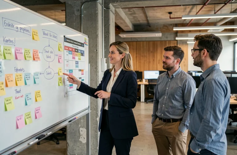 Chef de projet femme présentant un tableau Kanban à son équipe dans un bureau tech moderne