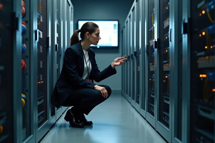 Technicienne informatique configurant l'accès réseau interne pour l'extranet GTM La Poste dans une salle serveurs