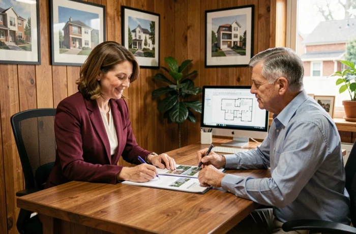 Conseillère en immobilier neuf présentant un programme résidentiel à un client dans une agence immobilière moderne
