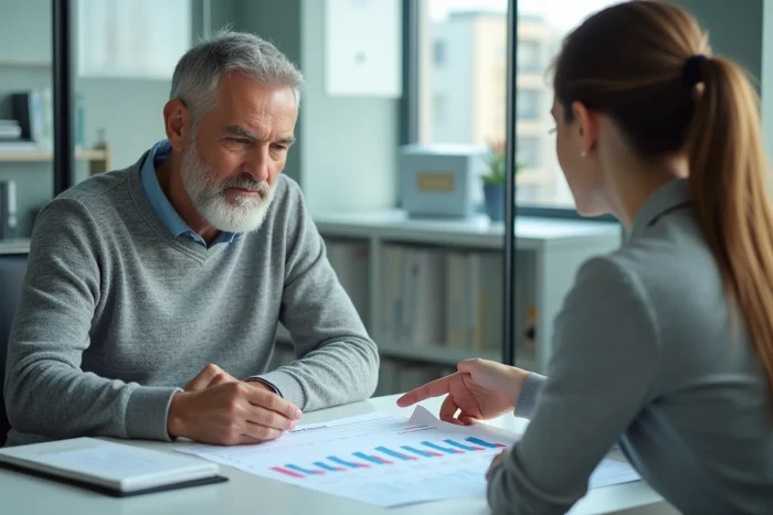 Homme de 62 ans en consultation avec un conseiller financier pour estimer le montant de sa retraite et atteindre 1700 euros net mensuel