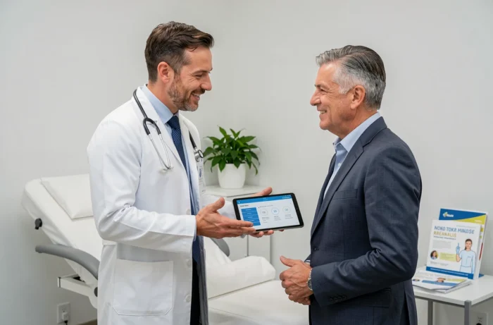 Médecin et professionnel discutant d'une protection santé optimisée lors d'une consultation médicale