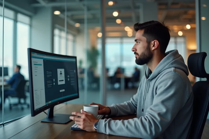 Employé consultant l'extranet GTM La Poste sur un double écran dans un bureau vitré connecté au réseau interne de l'entreprise