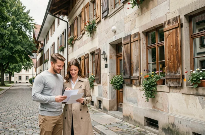 Couple suisse en train d'examiner des documents devant un immeuble résidentiel traditionnel à Zurich