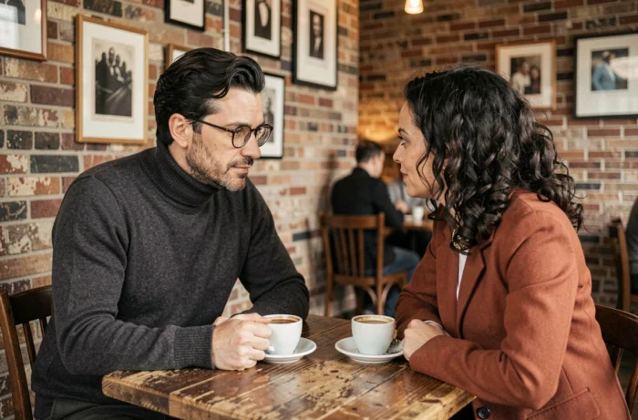 Couple en conversation intime dans un café parisien vintage, atmosphère intellectuelle et complice