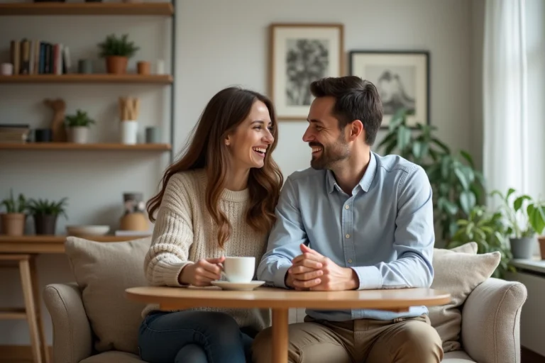 Couple souriant partageant un café dans un salon cosy