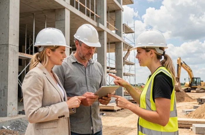 Couple de futurs propriétaires sur un chantier de construction neuve avec une chef de projet immobilier portant des casques de sécurité