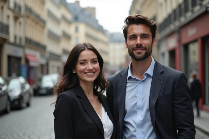 Couple discret et élégant dans une rue parisienne illustrant une relation amoureuse privée