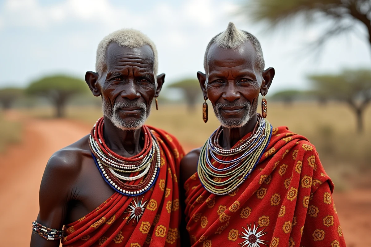 Couple masai âgé en vêtements colorés et bijoux traditionnels