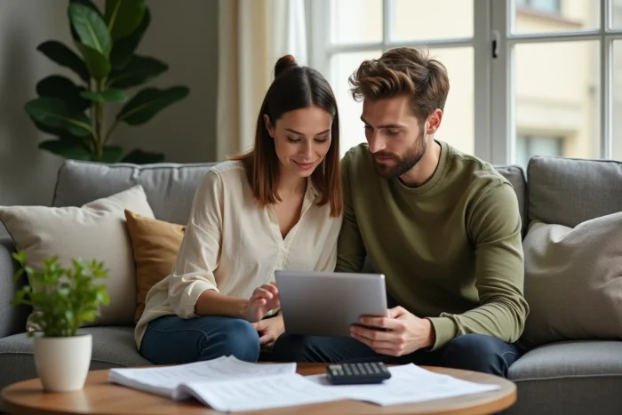 Couple planifiant ensemble leurs finances personnelles et leur épargne commune sur une tablette dans un salon moderne