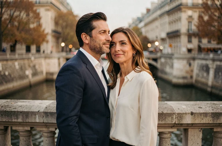 Couple élégant sur un pont parisien en automne, regard complice et atmosphère intime de discrétion