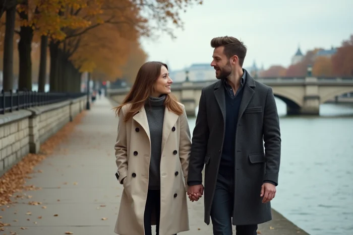 Couple se promenant discrètement le long des quais de Seine à Paris en automne