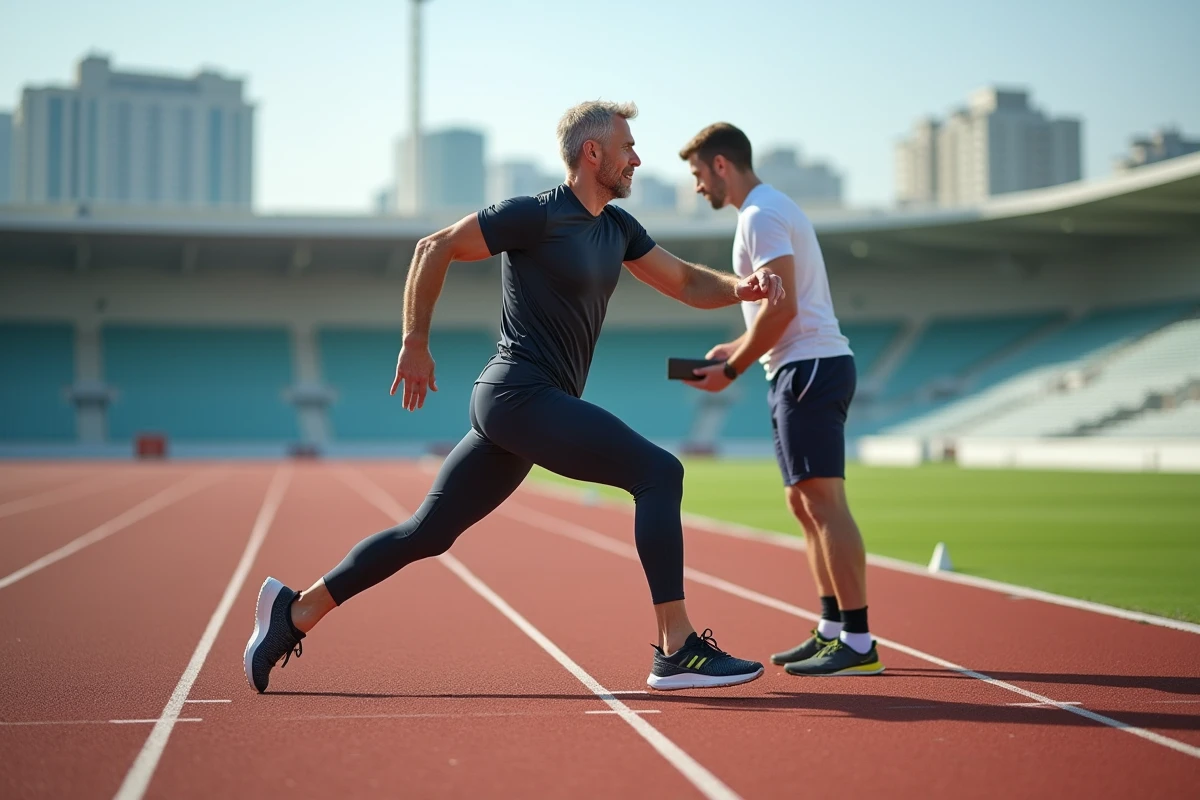 Homme en pleine extension sur piste de course extérieure
