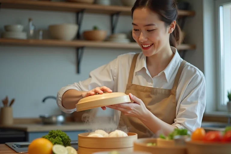 Femme souriante levant le couvercle d'un panier vapeur en cuisine