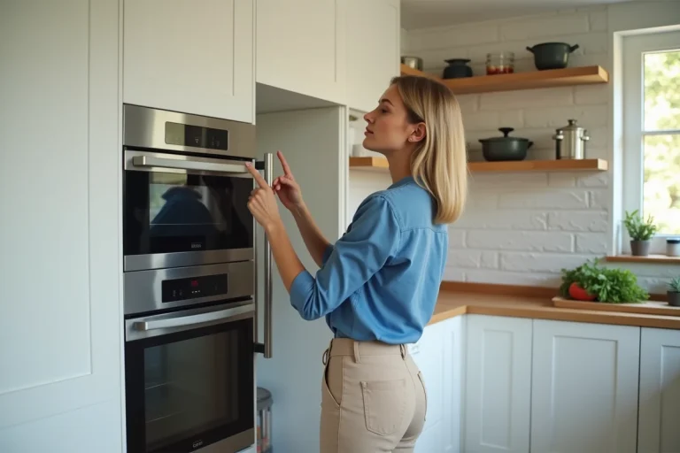 Femme pointant entre four et frigo dans cuisine moderne