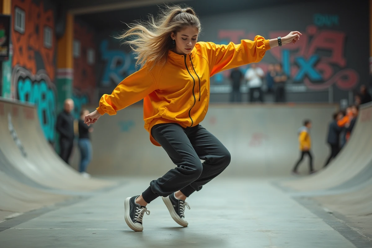 Jeune femme dansant dans un skatepark intérieur