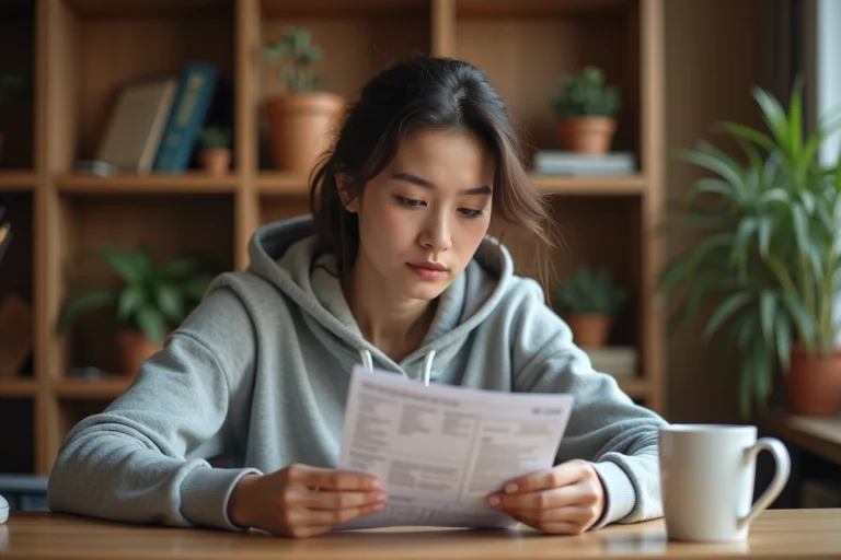 Jeune femme débutante lisant attentivement le guide d'utilisation Liloo BSK à son bureau à domicile