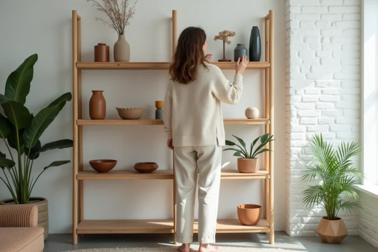 Femme arrangeant des vases et bols colorés dans un salon moderne