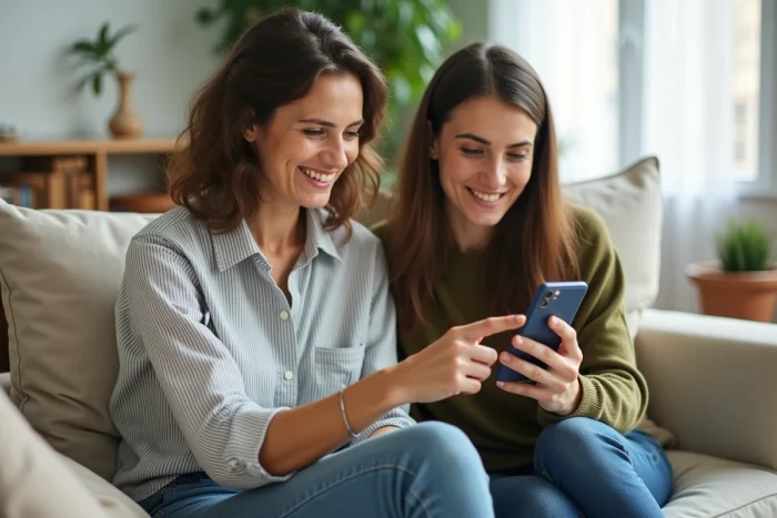Deux femmes consultant ensemble un tutoriel débutant pour bien utiliser Liloo BSK sur smartphone