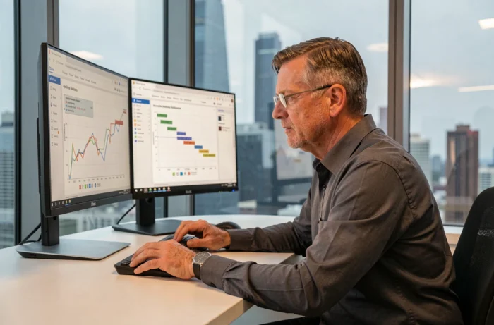 Directeur informatique analysant des tableaux de bord de gestion de projet sur double écran