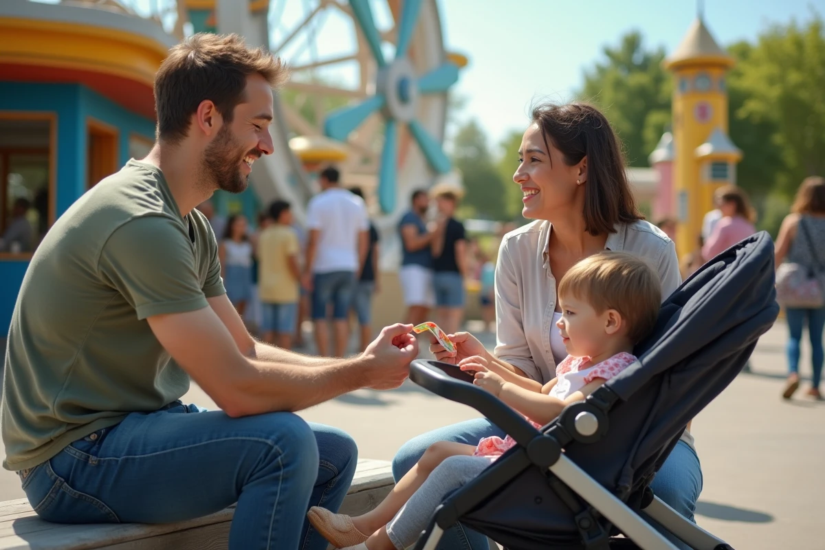 Papa donne un ticket à maman devant une attraction à Futuroscope
