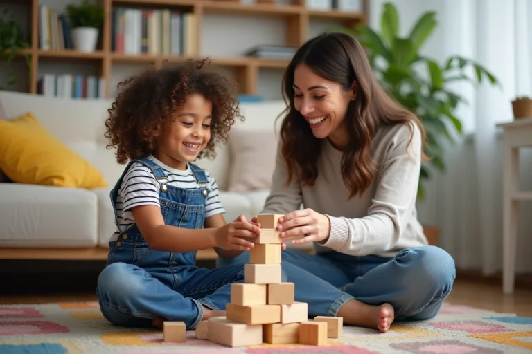 Fille de six ans avec cheveux bouclés jouant avec sa mère