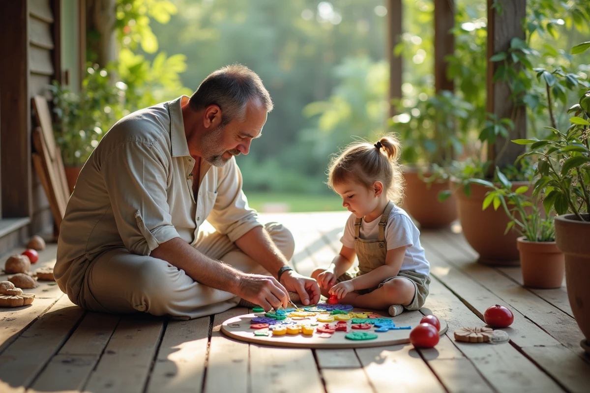 Homme et enfant peignant des carreaux en argile en extérieur