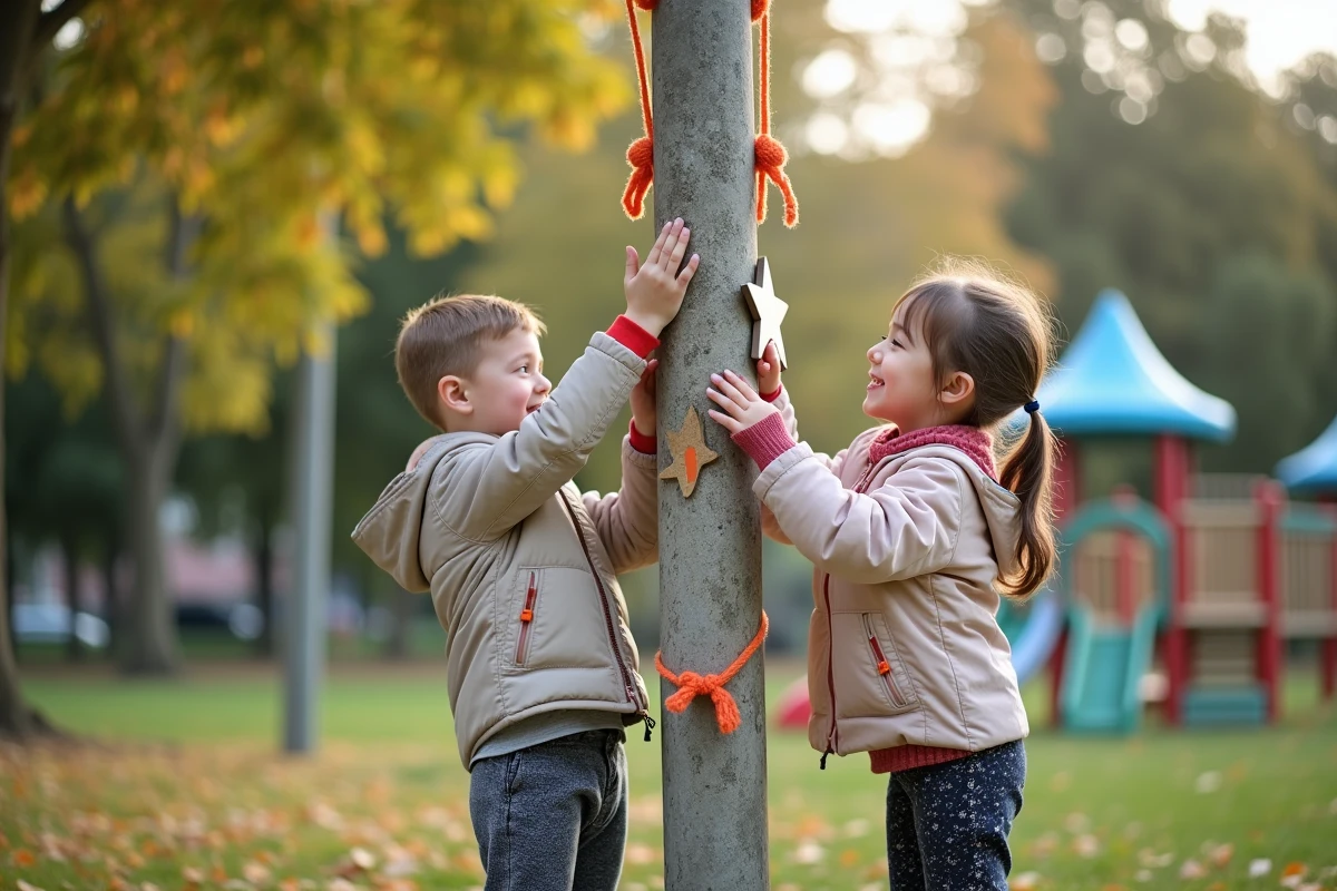 Enfants décorant un poteau avec des formes en bois et laine