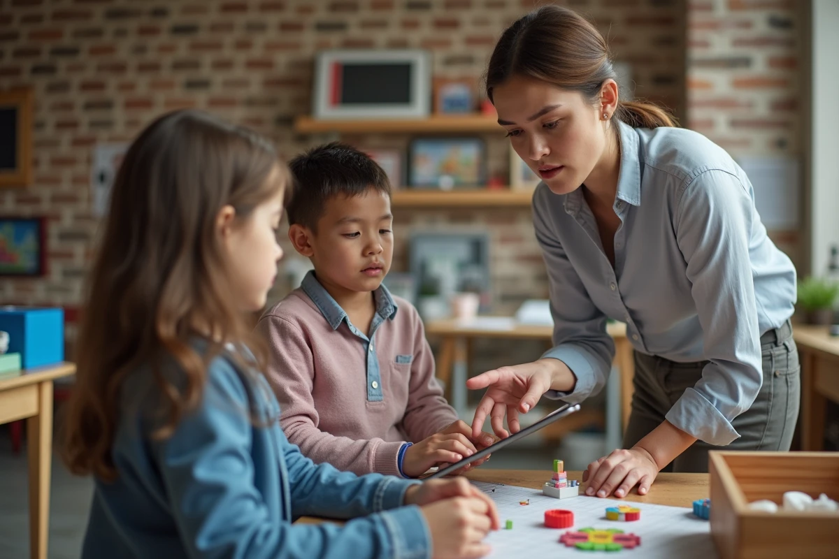 Enseignante montrant un modèle 3D à des enfants dans un makerspace